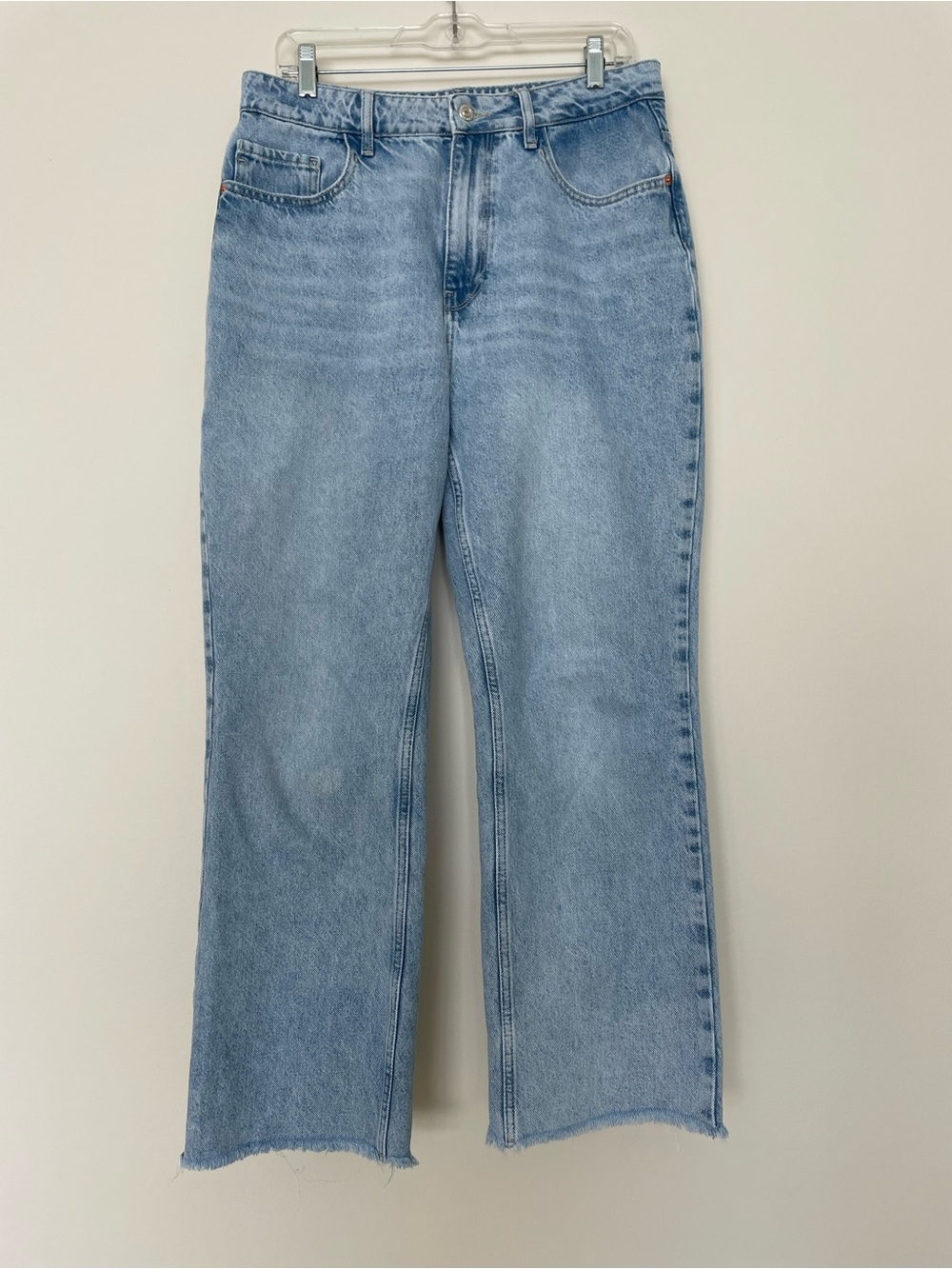 Zara Raw Hem High Rise Straigt Leg Jeans 10 Light Wash 100% Cotton Hidden String - Picture 3 of 11